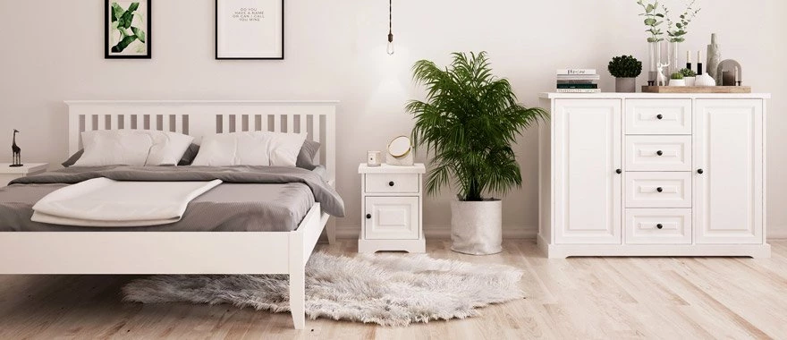 Białe meble drewniane Parma sypialnia komoda łóżko szafka nocna