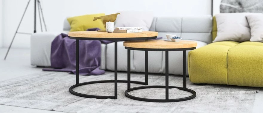 Komplet stolików kawowych okrągłych na metalowych nogach